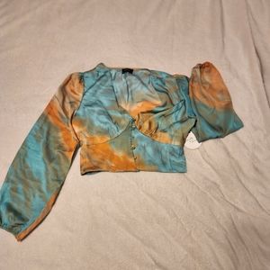 Cute crop blouse new Turquoise and Orange  Button down